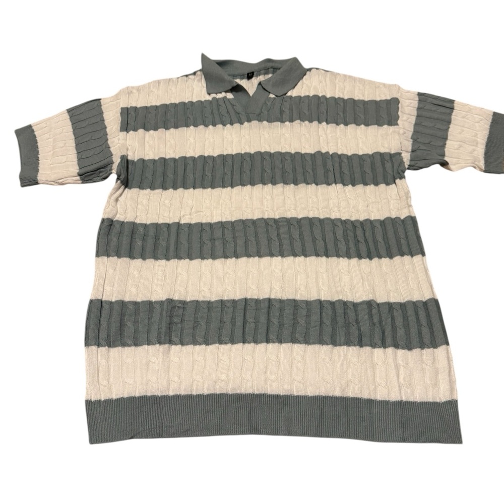 Sage Green and Ivory Striped Cable Knit Polo Sweater Size Medium